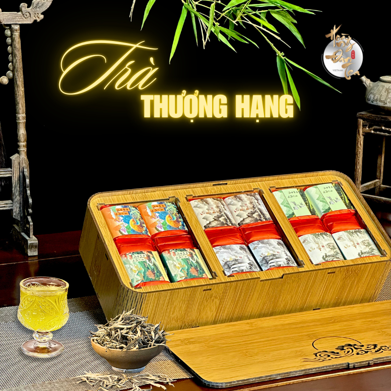 Bộ Trà Thượng Hạng Tân Cương & Shan Tuyết Uống Trà Đạo Hộp Gỗ Biếu Tặng Cao Cấp Xanh Thơm Ngon