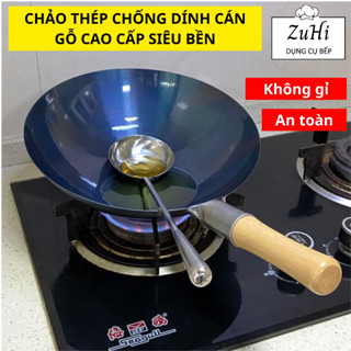  Chảo thép chống dính cán gỗ cao cấp siêu bền chảo thép sâu lòng không bong tróc an toàn 