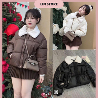  Áo khoác phao nữ chất da cổ lông áo phao nữ dáng ngắn tay bo chun có dây rút ở dưới áo phao béo mùa đông 3 lớp siêu ấm 