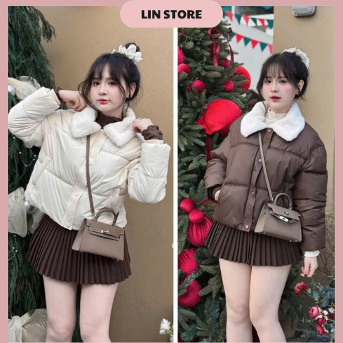 Áo khoác phao nữ chất da cổ lông áo phao nữ dáng ngắn tay bo chun có dây rút ở dưới áo phao béo mùa đông 3 lớp siêu ấm | BigBuy360 - bigbuy360.vn