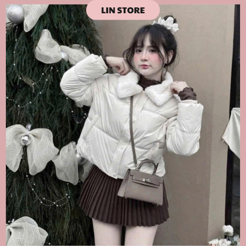 Áo khoác phao nữ chất da cổ lông áo phao nữ dáng ngắn tay bo chun có dây rút ở dưới áo phao béo mùa đông 3 lớp siêu ấm | BigBuy360 - bigbuy360.vn