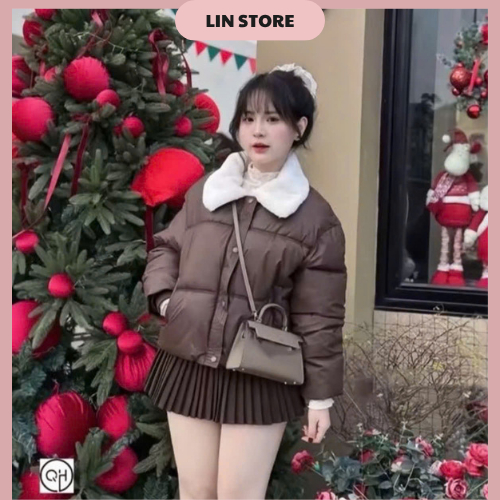 Áo khoác phao nữ chất da cổ lông áo phao nữ dáng ngắn tay bo chun có dây rút ở dưới áo phao béo mùa đông 3 lớp siêu ấm | BigBuy360 - bigbuy360.vn