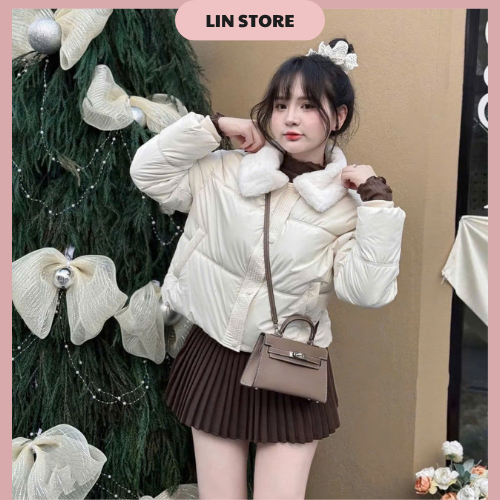 Áo khoác phao nữ chất da cổ lông áo phao nữ dáng ngắn tay bo chun có dây rút ở dưới áo phao béo mùa đông 3 lớp siêu ấm | BigBuy360 - bigbuy360.vn