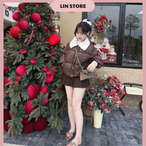 Áo khoác phao nữ chất da cổ lông áo phao nữ dáng ngắn tay bo chun có dây rút ở dưới áo phao béo mùa đông 3 lớp siêu ấm | BigBuy360 - bigbuy360.vn