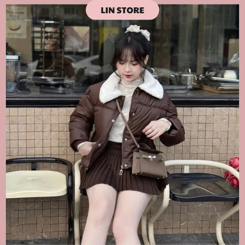 Áo khoác phao nữ chất da cổ lông áo phao nữ dáng ngắn tay bo chun có dây rút ở dưới áo phao béo mùa đông 3 lớp siêu ấm | BigBuy360 - bigbuy360.vn