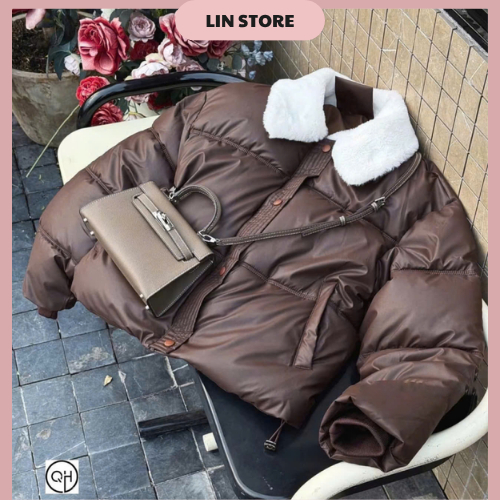 Áo khoác phao nữ chất da cổ lông áo phao nữ dáng ngắn tay bo chun có dây rút ở dưới áo phao béo mùa đông 3 lớp siêu ấm | BigBuy360 - bigbuy360.vn