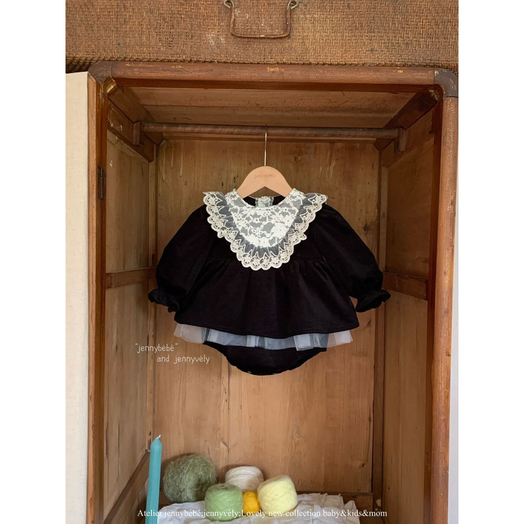 Jennybebe Suit Nỉ Nhung Phối Ren Cao Cấp Phong Cách Hàn Quốc Cho Bé Gái