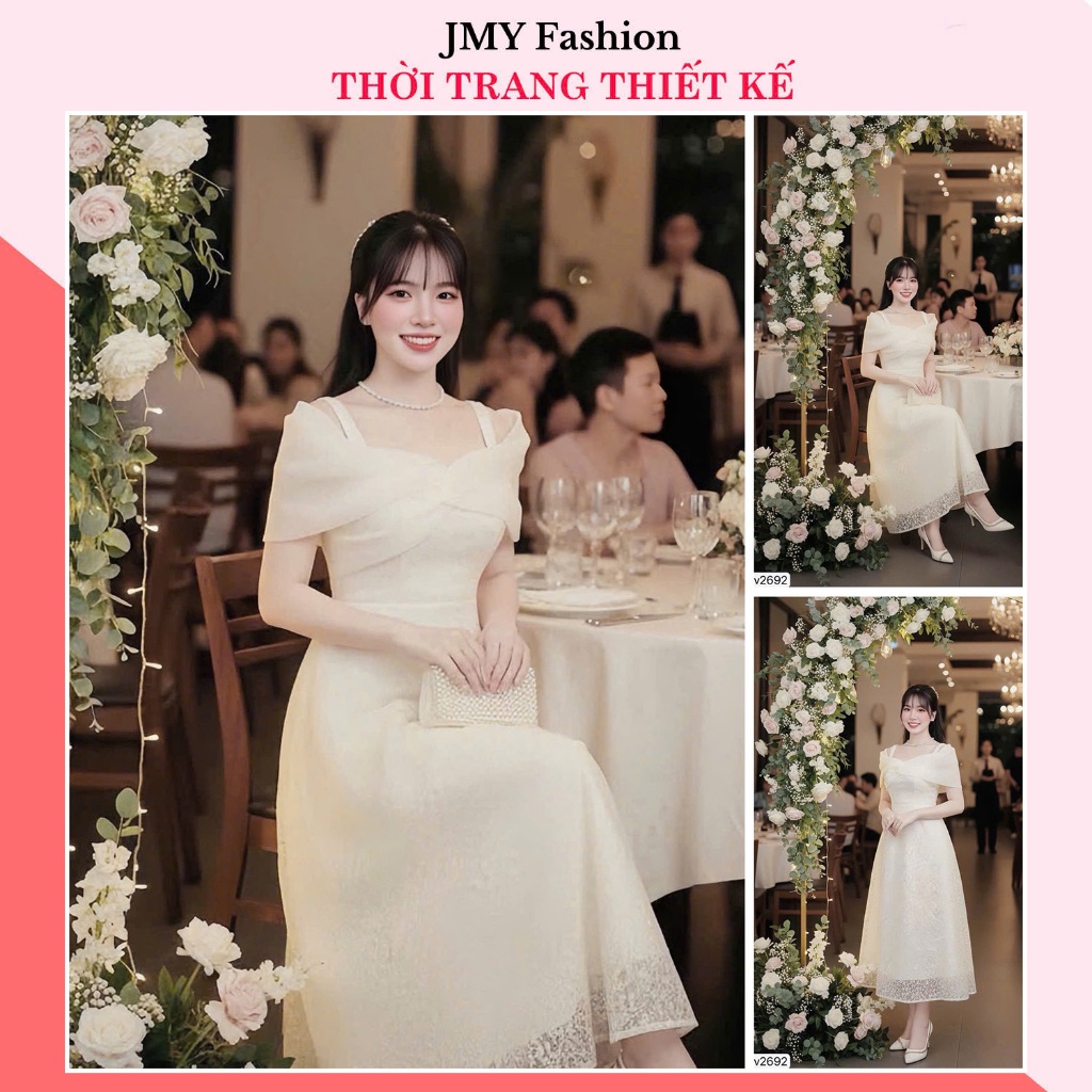 RC2692 váy xòe ren kem dáng dài trễ vai họa tiết hoa nữ tính [TH RENCY]