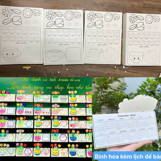 Bình hoa tô màu kèm lịch 2026 để bàn, quà tặng năm mới 20/11,20/10, hoạt động trải nghiệm Tết, 20/11, 20/10 cho học sinh