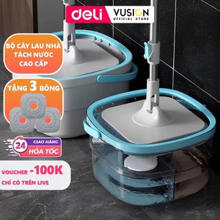  Bộ Cây Lau Nhà Tách Nước Bẩn Thông Minh Deli Chổi Lau Nhà Xoay 360 độ 2 Ngăn Kèm Bông Lau 