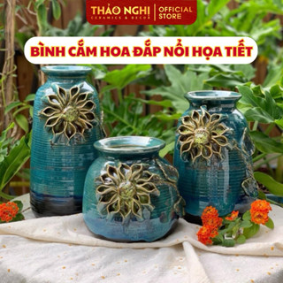 Bình gốm Bát Tràng men hỏa biến đắp nổi hoa hướng dương thủ công trang trí phòng khách đẹp
