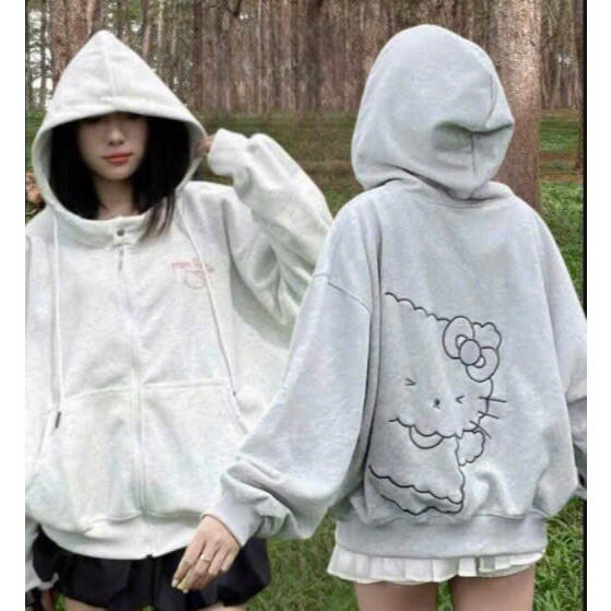 Áo Khoác Hodie Nữ Họa Tiết Mèo In Nổi, Áo Khoác Nỉ Khóa Kéo Mũ Rộng Phong Cách Ulzang Đẹp Chất