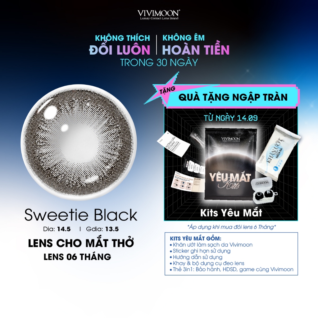 Kính áp tròng VIVIMOON EYECONIC lens cận cho mắt thở màu đen baby Sweetie Black, giãn tròng to 14.5mm, lens 06 tháng