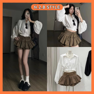  Set Váy Nữ - Áo Sơ Mi Tay Phồng Croptop Mix Chân Váy Xếp Tầng Dáng Xòe Kèm Đai Dây Nơ 