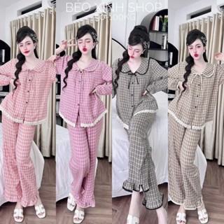  Đồ Bộ - Đồ Ngủ Tay Dài Quần Dài Vải Xốp Vân Gỗ Cao Cấp Phối Cổ Bèo Tiểu Thư Pijama Bigsize 50-100kg Bộ Ngủ Nữ -  A.5646 