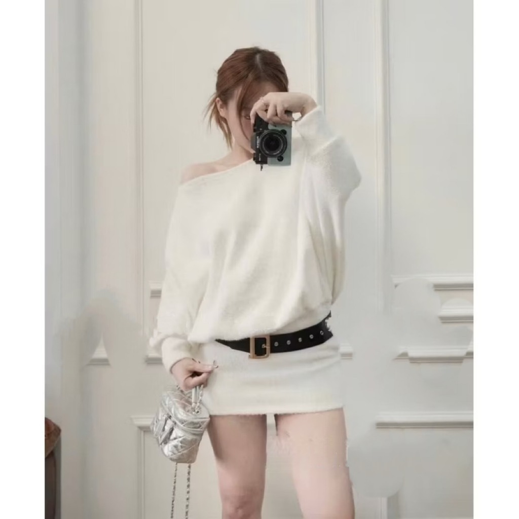  Váy liền eo vải len lông thỏ cực sang áo váy trễ vai áo liền váy 