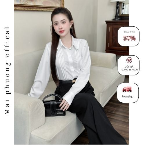 ENIC - Áo sơ mi dài tay cổ đức phối viền xếp ly phong cách công sở