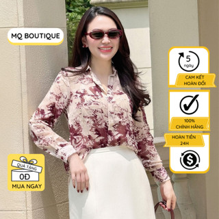 Áo Tơ Hàn Sơ Mi Nữ Tay Dài Thiết Kế MQ Boutique Cao Cấp Công Sở Màu Be Vệt Loang Đỏ Nâu Mềm Mỏng Sang Trọng
