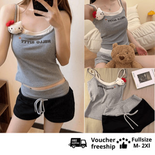 ❤️ Kèm ảnh thật-Set đồ ngủ hai mảnh mặc nhà Hello kitty áo hai dây có đệm mút + quần mini short cạp cao