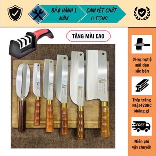 Bộ dao nhà bếp, Bộ 5 dao thép trắng Nhật không han gỉ , cán gỗ muồng Tây Bắc tiện vân trúc,độ cứng cao, giữ sắc tốt.