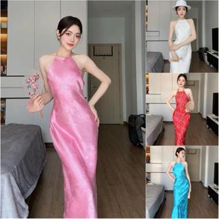  A119 Đầm lụa gấm cổ yếm 2 lớp dáng đuôi cá  không mút  hở lưng phù hợp dự tiệc đi chơi Vân Akara 