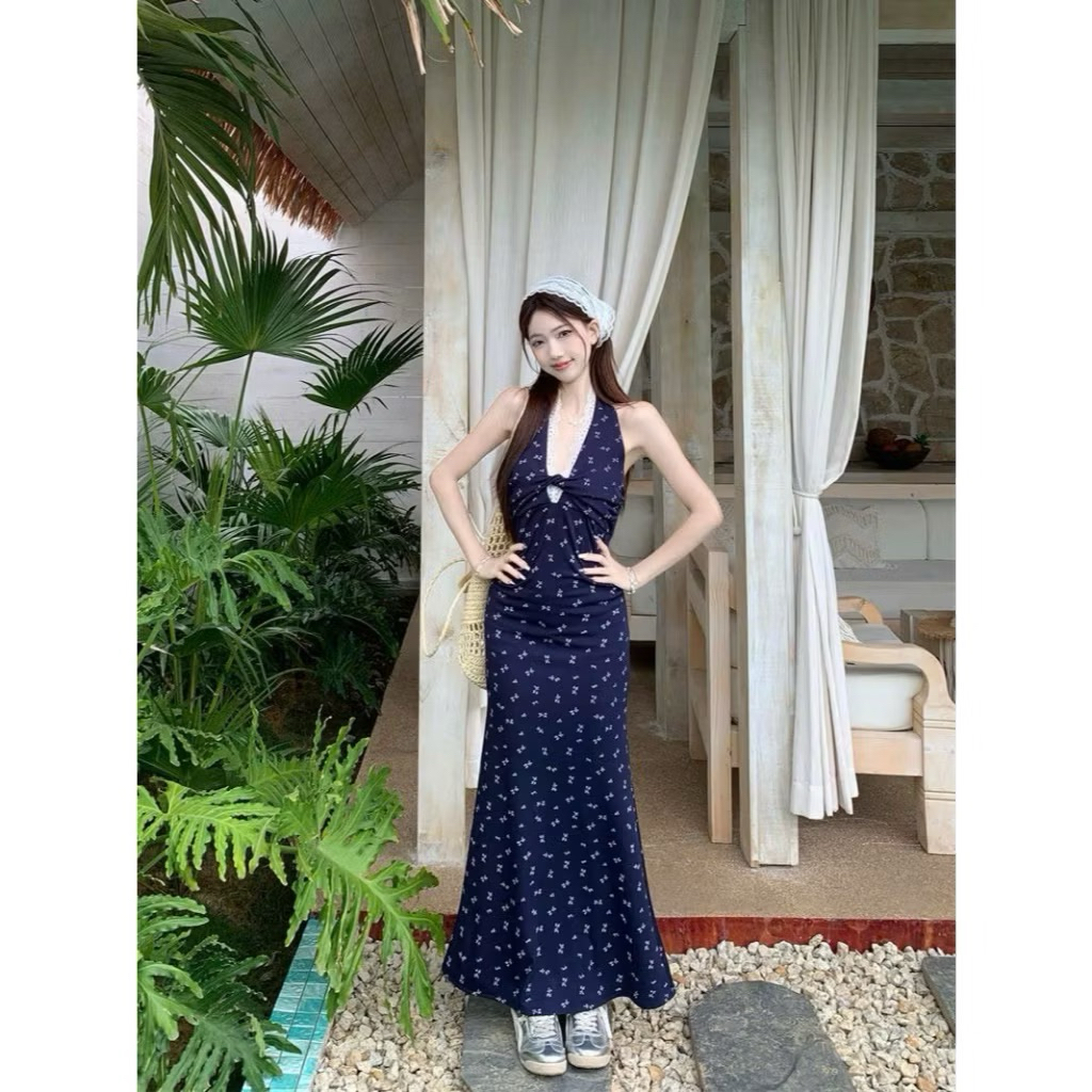 Váy Body Cổ Yếm Xoắn Viền Ren Xanh Navy Hoạ Tiết Hoa Nhí Dáng Ngắn-Dài Hot Kieupham.shop | BigBuy360 - bigbuy360.vn