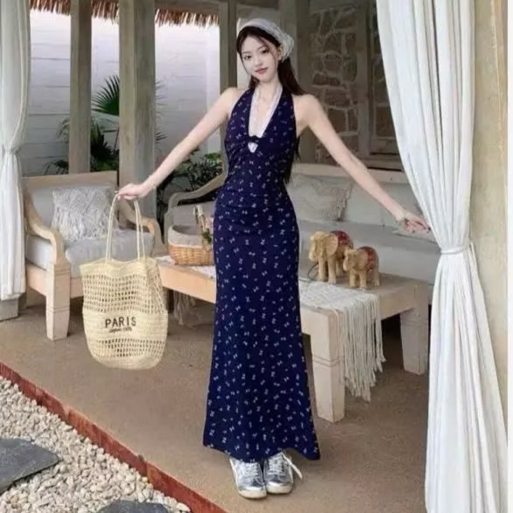 Váy Body Cổ Yếm Xoắn Viền Ren Xanh Navy Hoạ Tiết Hoa Nhí Dáng Ngắn-Dài Hot Kieupham.shop | BigBuy360 - bigbuy360.vn