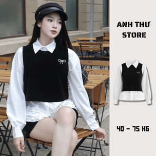  Set Áo Sơ Mi Dài Tay Gấu Áo Viền 3 Bèo Mix Gile Nhung Croptop Kèm Nơ Đá Cài Bigsize  Đồ Bộ Nữ Sang Chảnh Form Rộng 496 
