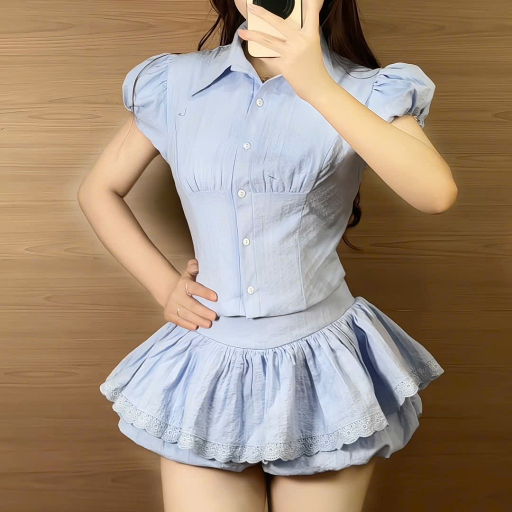 Set áo sơ mi tay bồng + Quần bí giả váy HH106 HaLuu Store phong cách năng động trẻ trung cho nữ | BigBuy360 - bigbuy360.vn