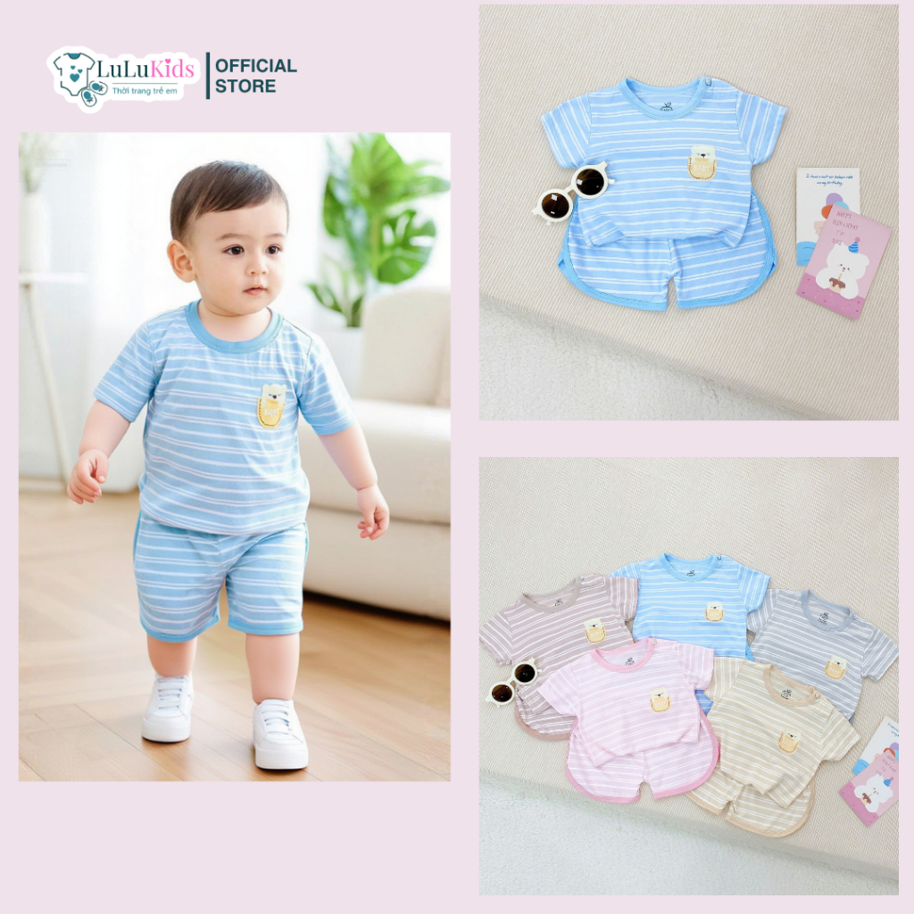 Bộ Cộc Tay Bé Trai Petit Mềm Mại, Họa Tiết Kẻ Ngang Co Giãn Thoáng Mát Cho Bé (6-16Kg)