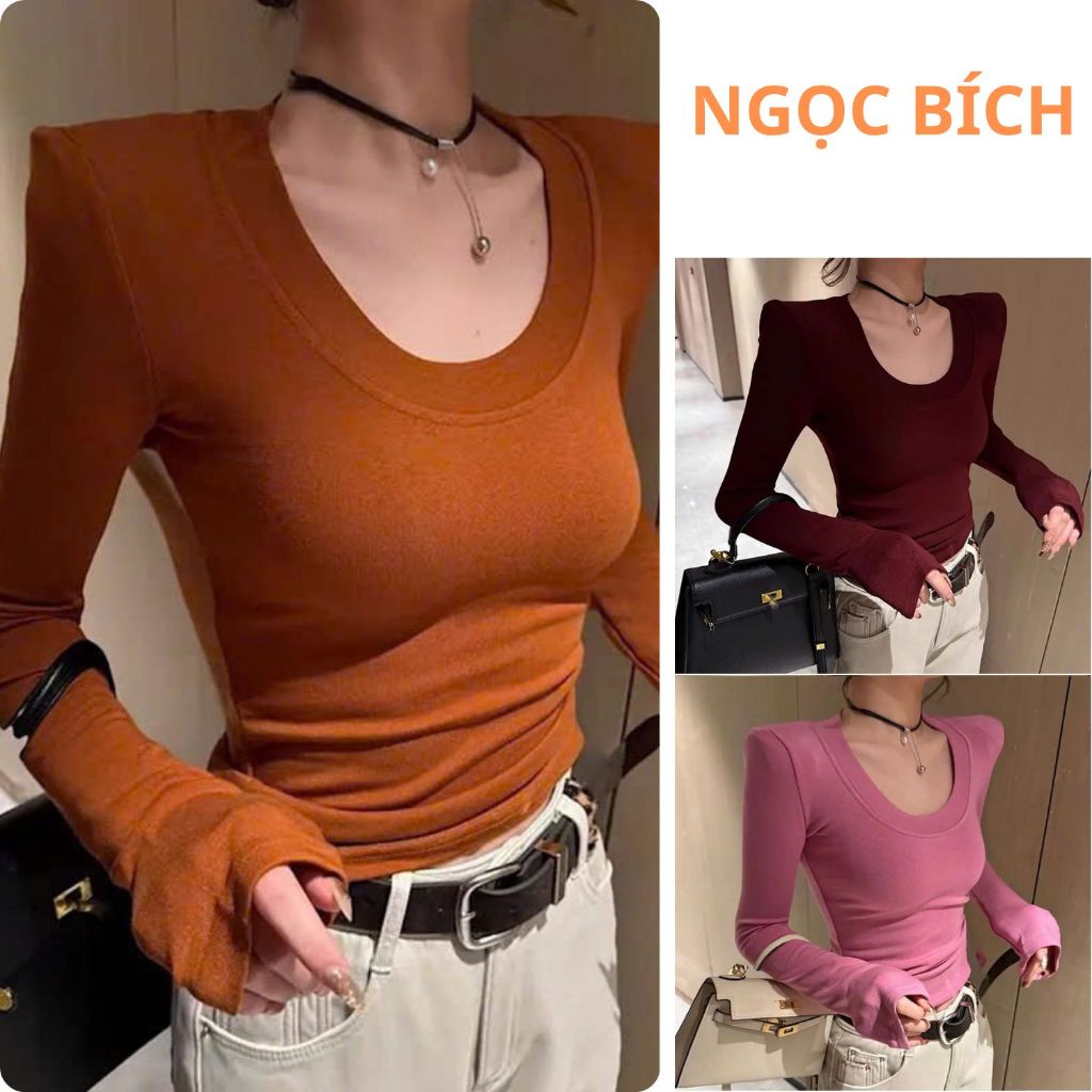 Áo Giữ Nhiệt Nữ, Áo Thun Dài Tay Cổ U Lót Lông Cao Cấp  Cotton, Có Độn Vai, Thắt Eo Tôn Dáng TK338_ NGỌC BÍCH BOUTIQUE