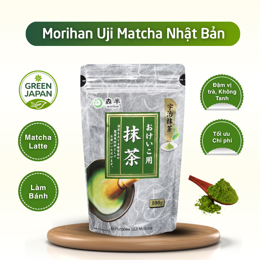 Matcha Nhật Bản Morihan Uji Matcha Culinary Grade 100g pha Match Latte, làm bánh