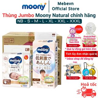 Thùng Jumbo bỉm moony trắng, bỉm moony natural chính hãng Dán/Quần đủ size NB62/S58/M46/L36/XL32