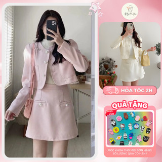  BEST SELLER  Set dạ tweed 2 lớp dáng croptop tiểu thư sang chảnh phối nơ kèm chân váy chữ A dáng ngắn style Hàn 
