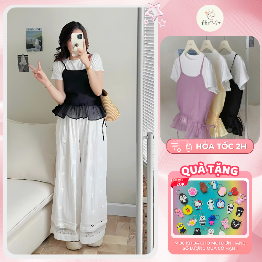 [FREESIZE] Set Áo Thun Basic Kèm Áo Voan Tơ 2 Dây Rút Eo Nhiều Màu Sắc Phong Cách Trẻ Trung - Ruby S