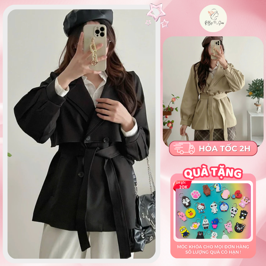 Áo khoác măng tô nữ dáng ngắn 2 hàng cúc, Áo khoác măng tô dáng ngắn kèm đai 2 lớp
