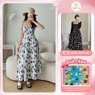  Váy maxi 2 dây hoa nhí bèo chun ngực Đầm maxi  dáng dài hai dây bo chun kèm áo khoác cadigan mỏng - RB06 
