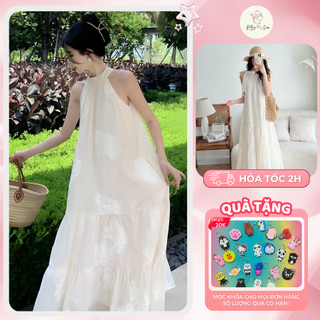 Váy Maxi Cổ Yếm Tiểu Thư Sang Chảnh Vải Voan Thêu Hoa Dáng Dài Đầm Maxi Dáng Dài Đi Biển Đi Chơi Cho nàng Xinh Xắn RB02