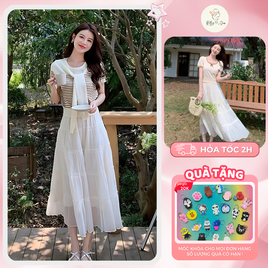 Chân váy midi voan bèo xếp ly tầng dáng dài, Chân váy dáng xòe dài voan tơ 2 lớp cạp thun - RB08