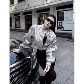  D58 - Áo Khoác Da Bóng Dáng Bom Thêu Chữ MIYU | Áo Khoác Bạc Nữ Cá Tính Thời Thượng 