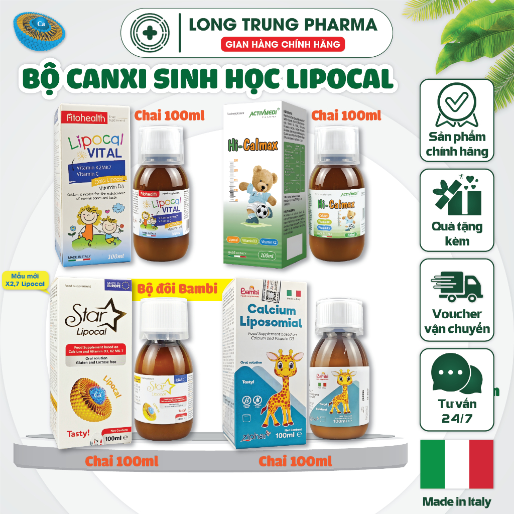 Bộ Canxi Sinh Học Bambi Calcium Liposomial, Star Lipocal, Lipocal vital & Hi-Calmax (100ml) Nhập Ý