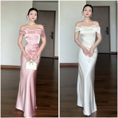 Felia Dress Wonderhouse Đầm thiết kế trễ vai dáng dài nơ chất vải lụa sang trong , phù hợp cho các buổi tiệc
