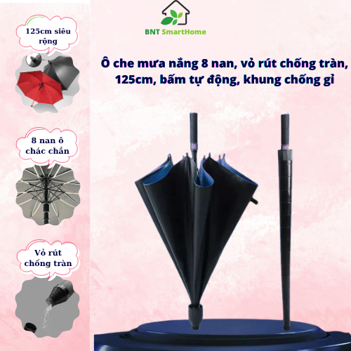 Ô Dù Cỡ Lớn Che Mưa , Có Vỏ Rút Chống Tràn 125cm, 8 nan, bấm tự động, chống UV,  Khung Carbon Chống Gỉ