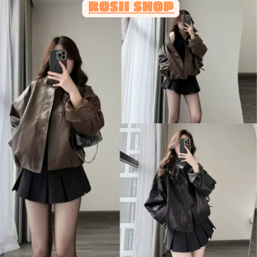 [Hàng QC/ 2 Lớp] Áo Khoác Da Trơn Cúc Đôi Form Rộng Bo Chun Viền Gấu Phong Cách Hàn Quốc