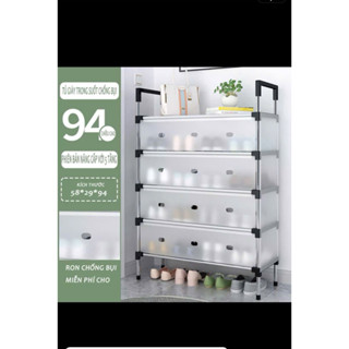 Kệ Inox 5 Tầng Có Vách Ngăn Chắn Bụi, Giá Inox Để Giày Dép 5 Tầng Có Nắp Đậy, Tủ Giày mới( mặt sau k có màng chắn)