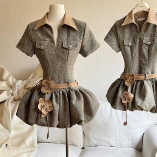  Váy Cổ V Tay Ngắn Chân Váy Bí Đính Hoa Eo Vải Dạ Tweed MELLYSTORE Cao Cấp Đẹp Quyến Rũ ,Sang Trọng - Đầm Thiết Kế 