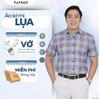 Áo Sơ Mi Nam Trung Niên PAPAGO Tay Ngắn Vải Lụa Sọc Caro Vạt Bầu - P23SNCR004
