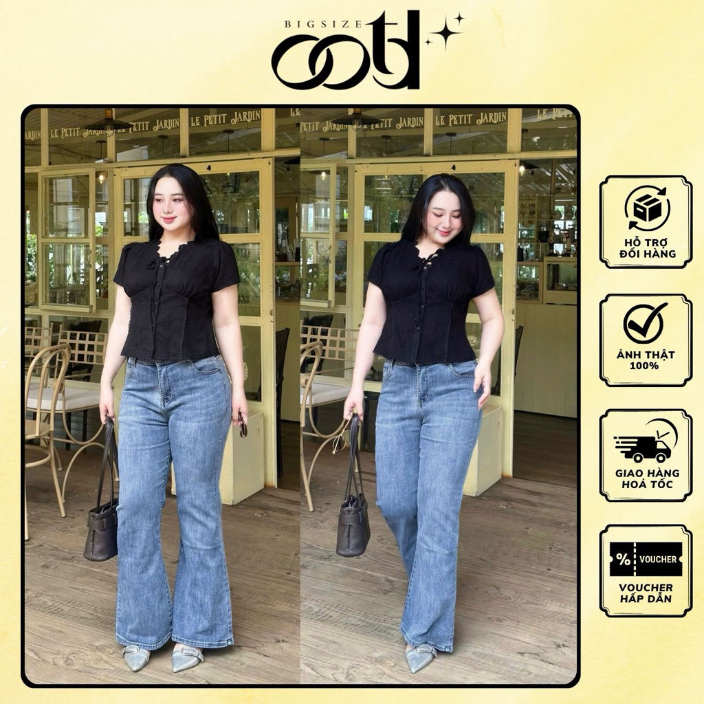 Quần jean big size nữ ống loe cạp cao xanh jean (OOTD BIGSIZE 60-90KG)