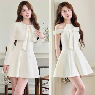  Sét Váy Dạ Trắng Cổ Yếm Trễ Vai Đính Nơ Cổ + Áo CHoàng Ngắn KANGSOOSTORE Sét Thiết Kế Tiểu Thư Sang Trọng VGG322 