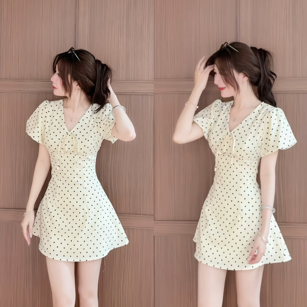 Váy chấm bi XIXEOSHOP cổ v tay phồng dáng ngắn - V52 | BigBuy360 - bigbuy360.vn